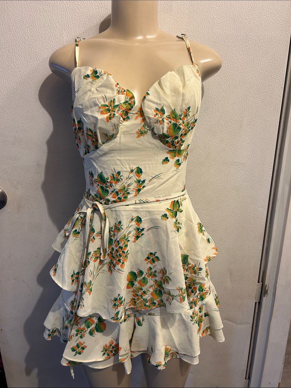 Floral Ruffled Sundress Romper in Cream with Green & Orange Print